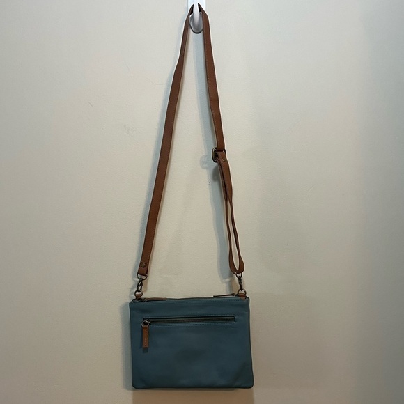 Serrv Leather Purse two Tone Blue & Tan Crossbody Bag Clutch Organizer 7”x10”x2” - Picture 6 of 11